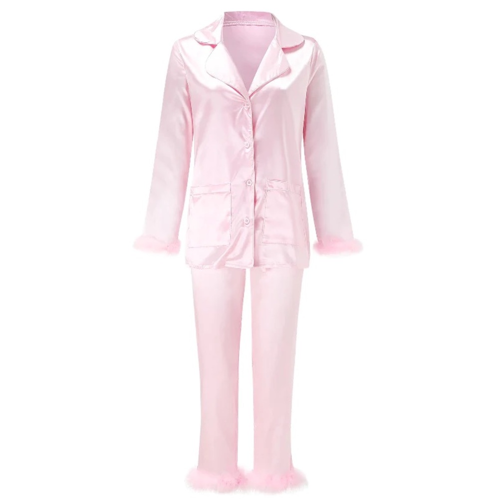 Feather Trim Satin Button-Up Top and Bottoms Pajamas - Picture 1 of 2